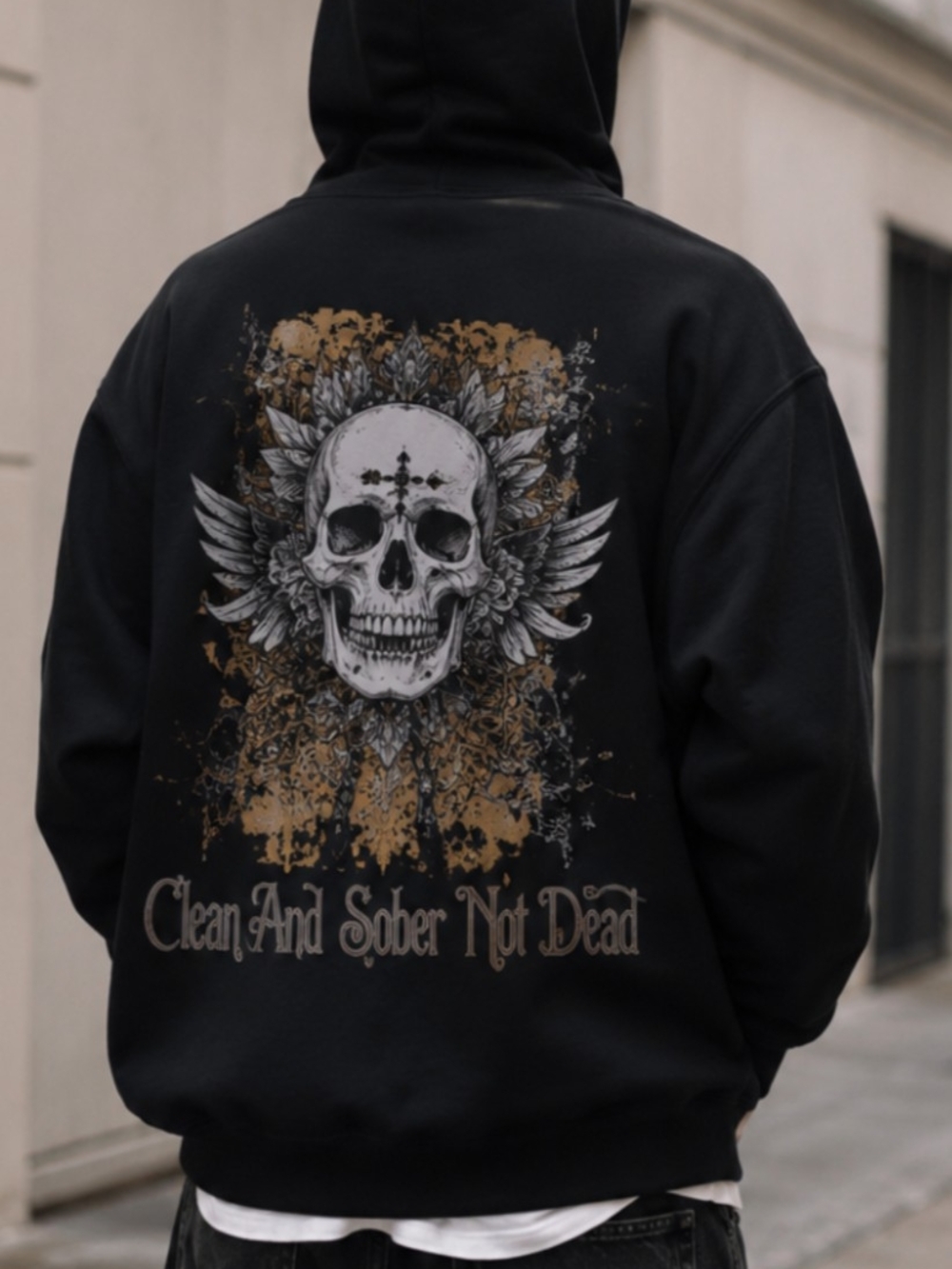 Clean and Sober Not Dead Skull Graphic Hoodie XL Black Recovery Sweatshirt
